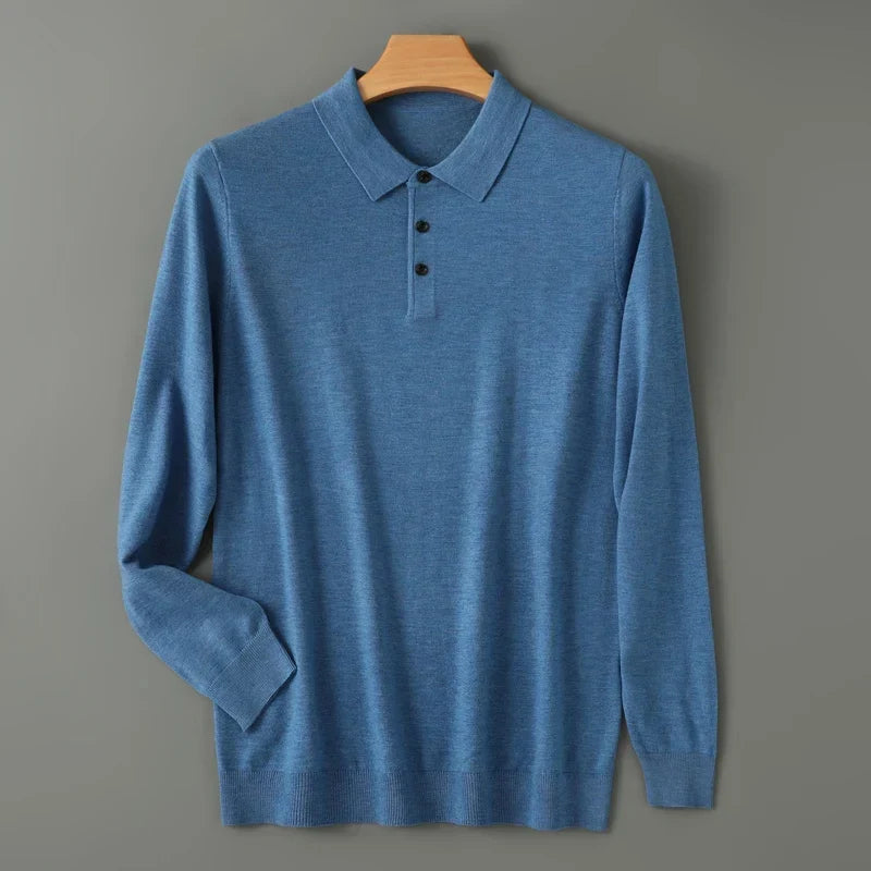 Men's merino wool polo, close up of collar and placket