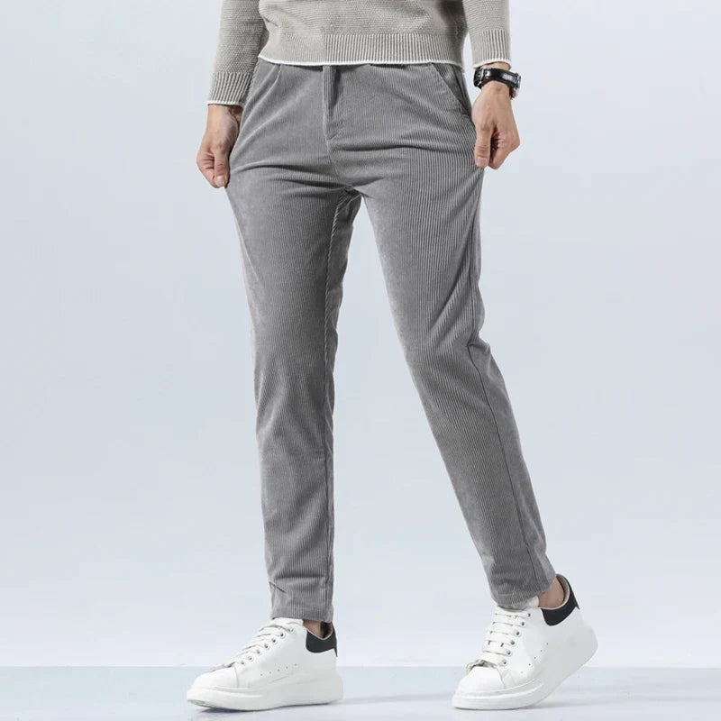 Men's peak corduroy trousers, close up of corduroy texture
