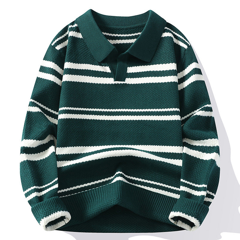 Men's pinstripe knit jumper, close up of turn-down collar