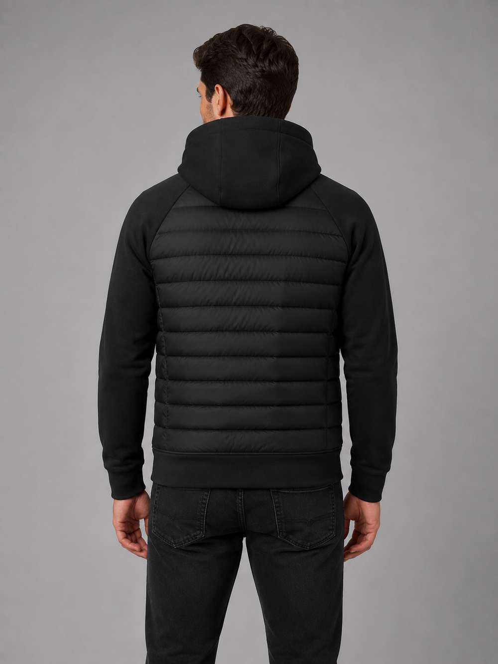 Men's quilted hooded jacket with stretch sleeves, close up of hood