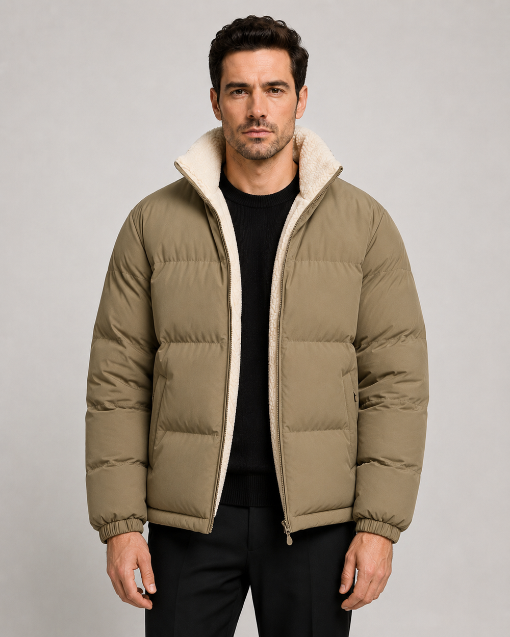 Men's reversible sherpa puffer jacket, close up of sherpa side