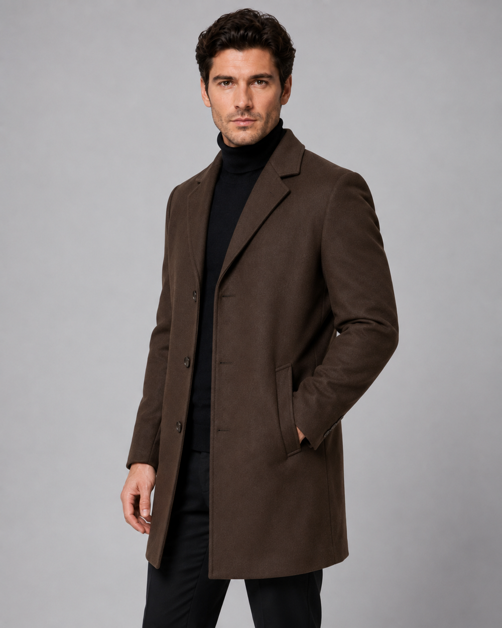 Men's single-breasted wool coat, close up of notch lapel