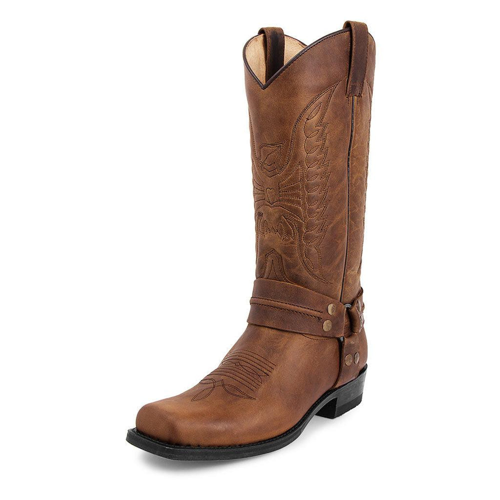 Men's square toe western cowboy boots, close up of stitched shaft detail