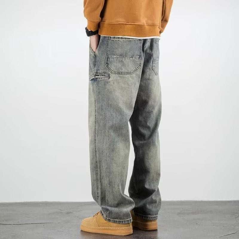 Men's stone washed jeans, close up of stone-washed finish