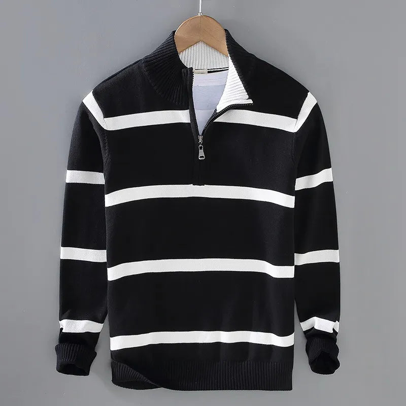 Men's striped cotton half-zip turtleneck, front view