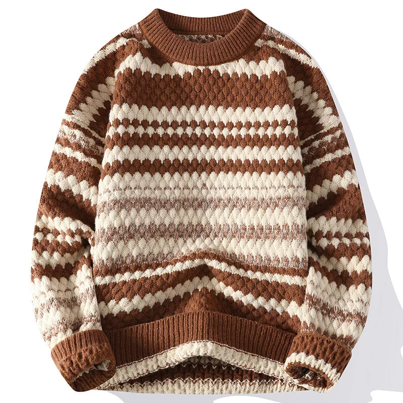 Men's striped crew neck jumper, front view