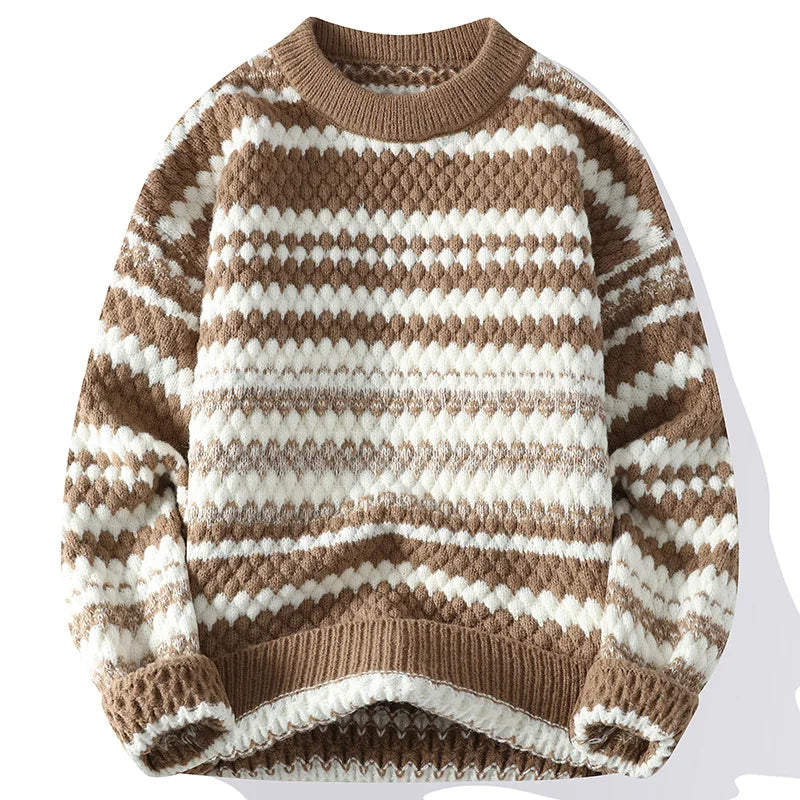 Men's striped crew neck jumper, close up of stripe pattern