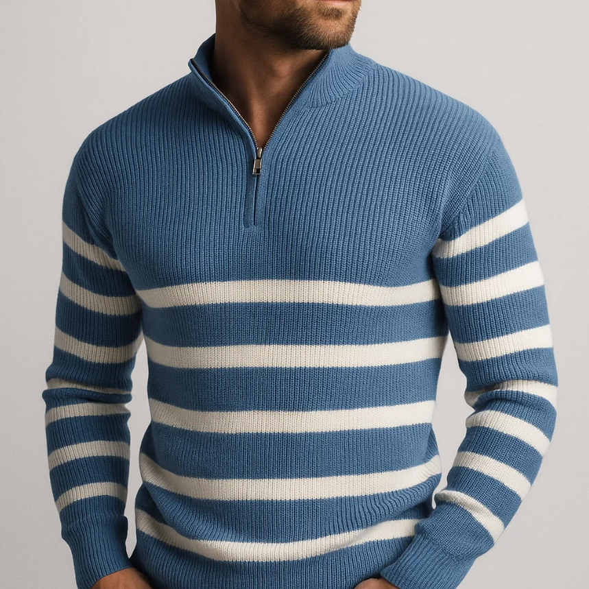 Men's striped half-zip sweater in blue, front view