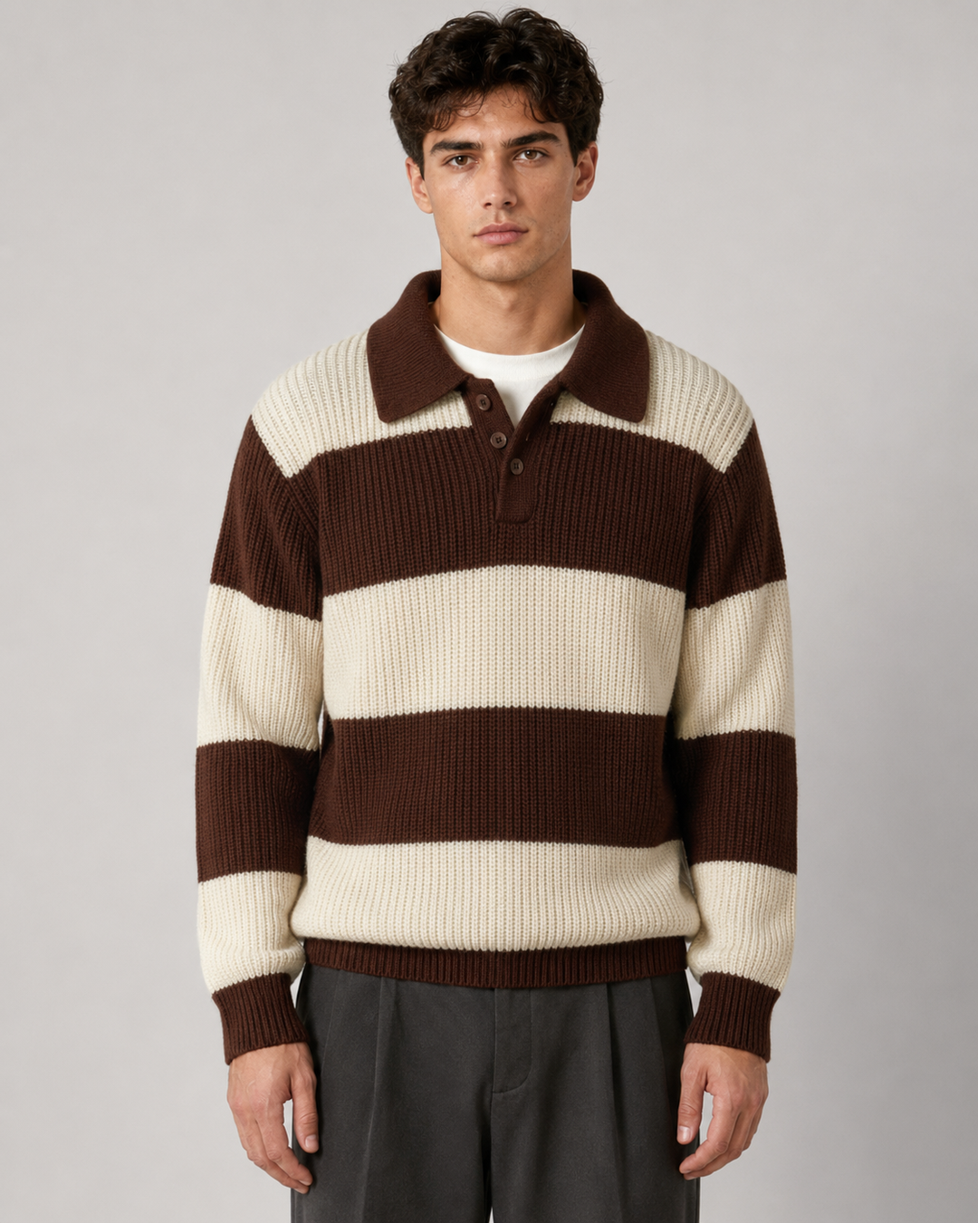 Men's striped knitted polo sweater, front view
