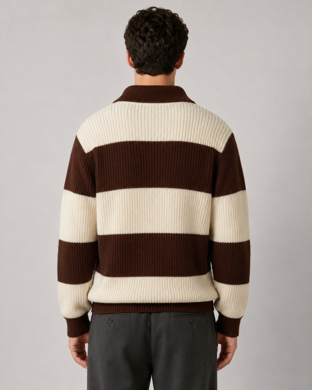 Men's striped knitted polo sweater, close up of collar and placket