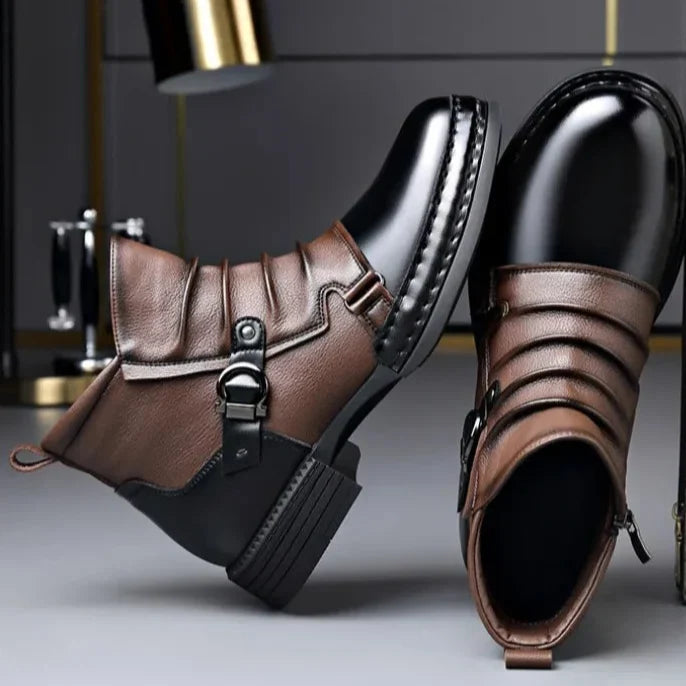 Men's two-tone buckle ankle boots, close up of buckle strap
