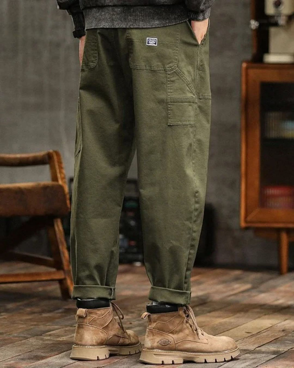 Men's vintage wash cargo trousers, front view
