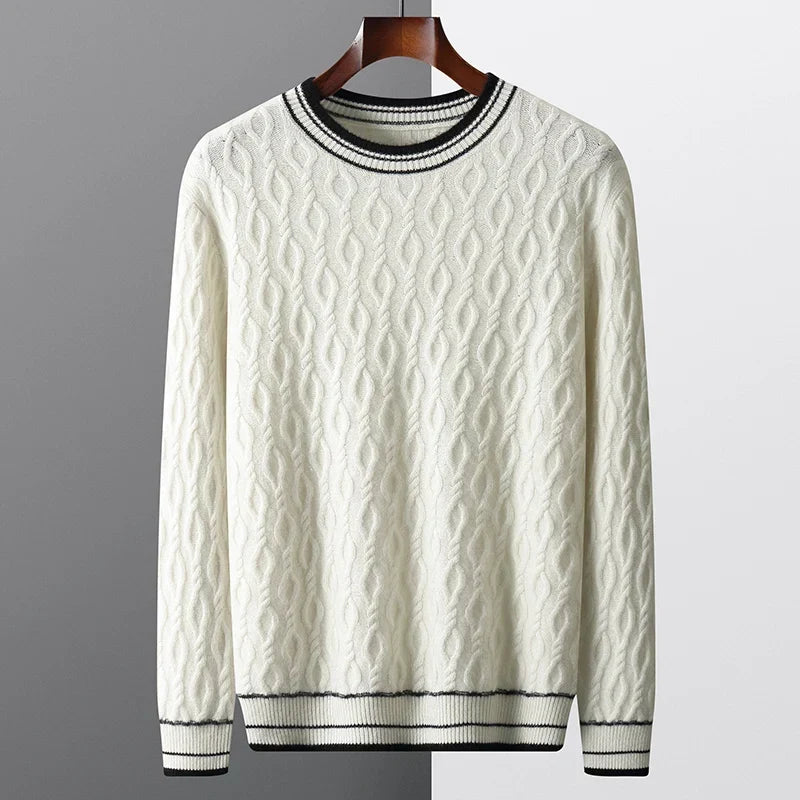 Men's wool cable knit jumper, front view