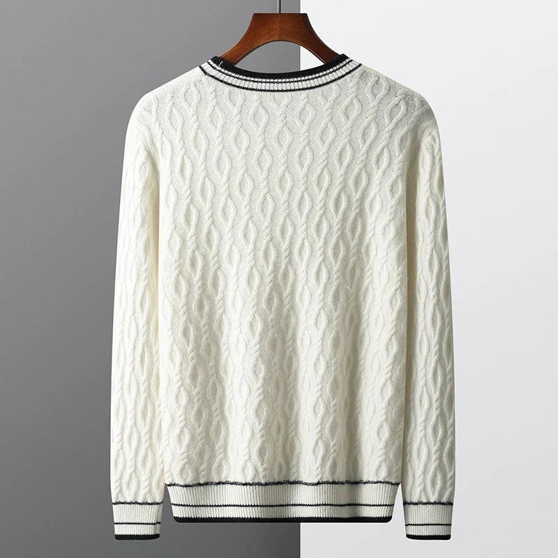 Men's wool cable knit jumper, close up of cable knit texture