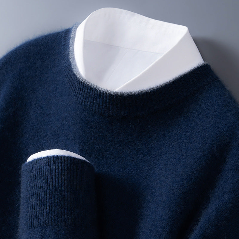 Men's wool crew neck jumper, close up of contrast trim