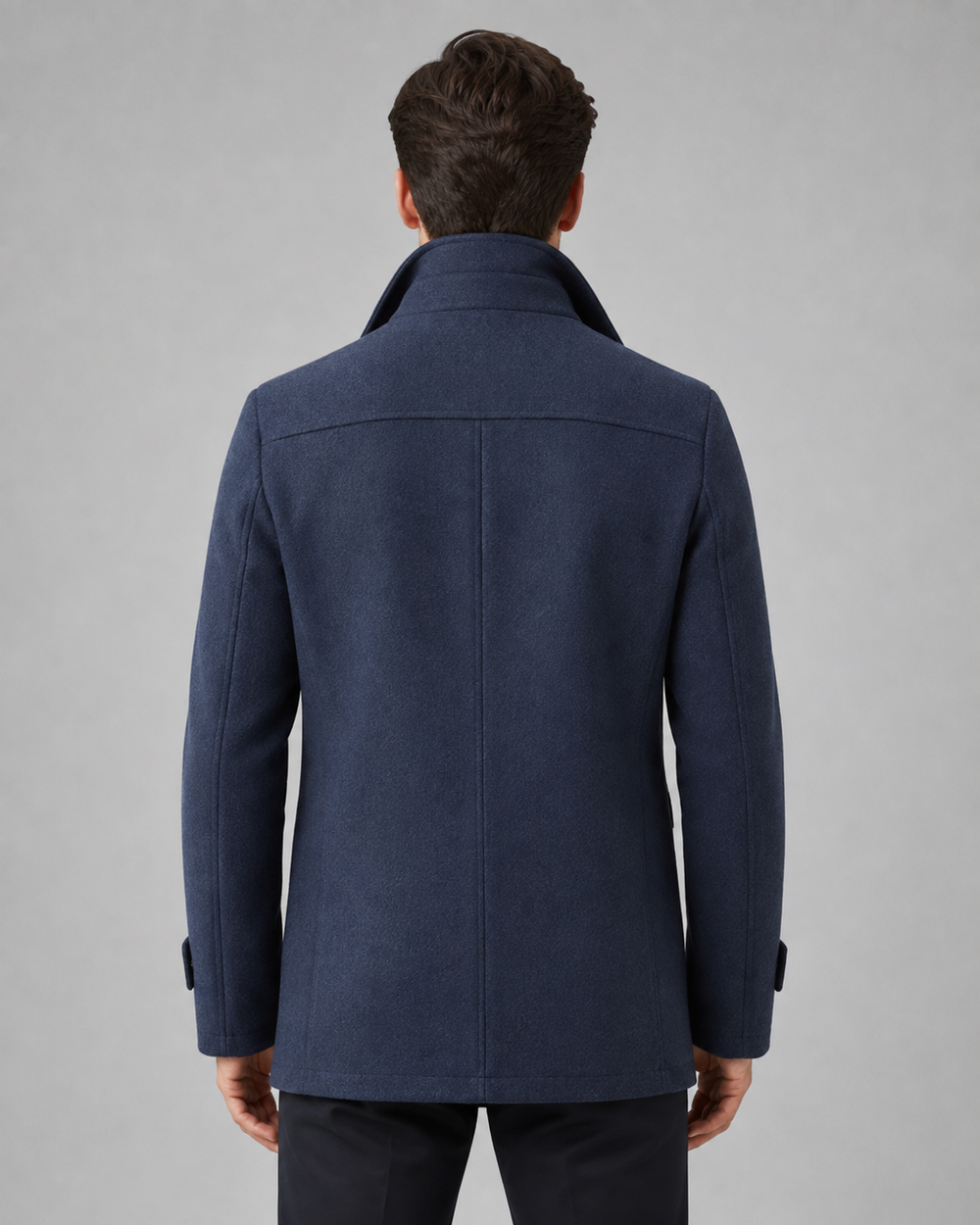 Men's wool funnel neck coat, close up of funnel neck