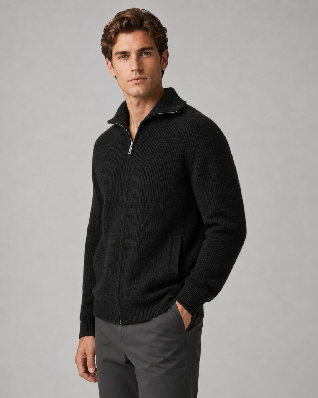 Men's wool quarter-zip mock neck jumper, front view