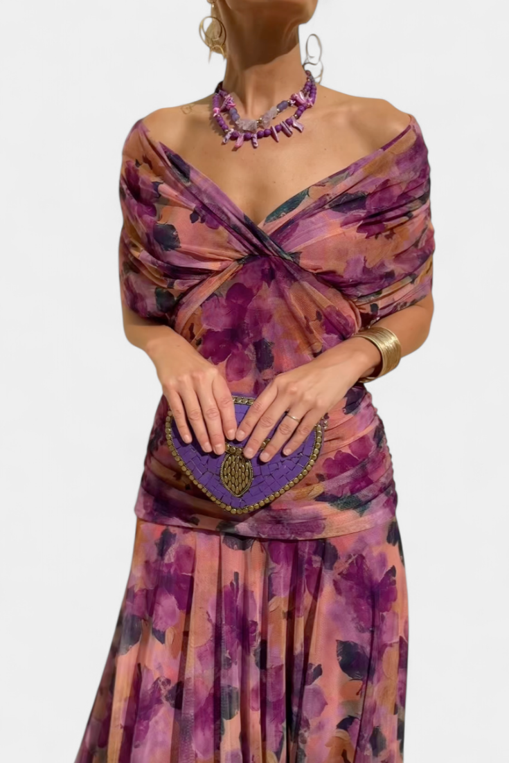 Off-the-Shoulder Ruched Chiffon Midi Dress