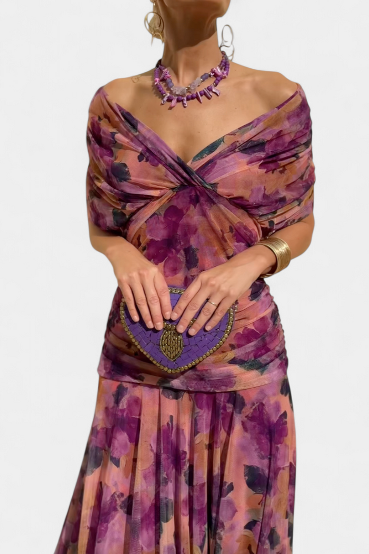 Off-the-Shoulder Ruched Chiffon Midi Dress