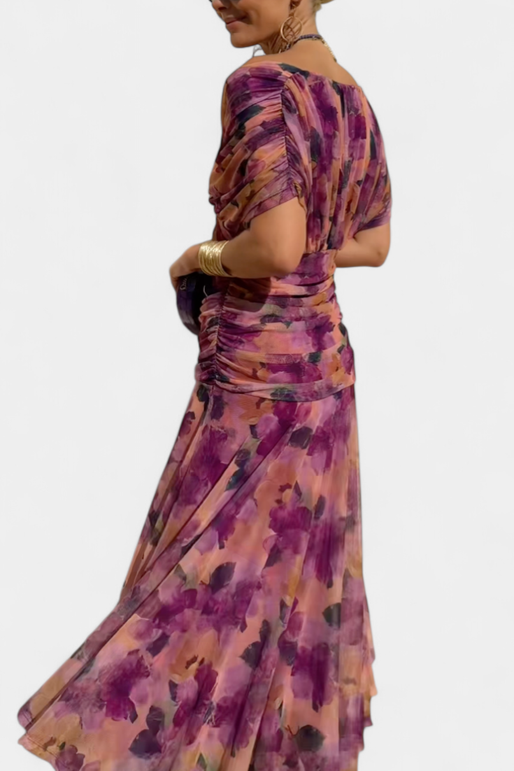 Off-the-Shoulder Ruched Chiffon Midi Dress