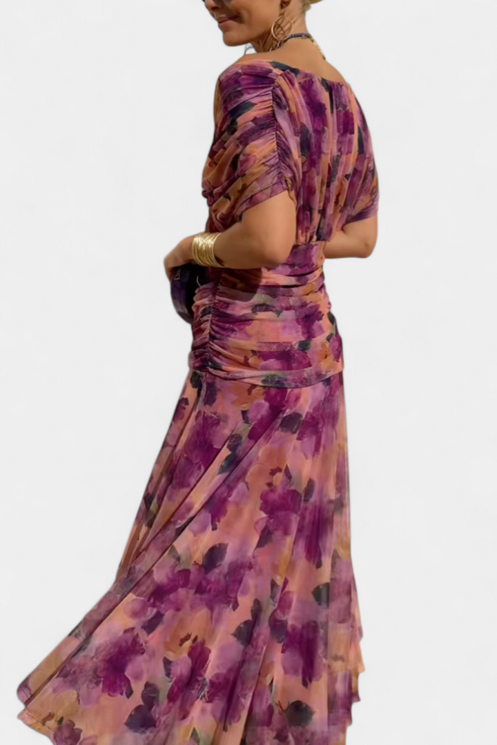 Off-the-Shoulder Ruched Chiffon Midi Dress