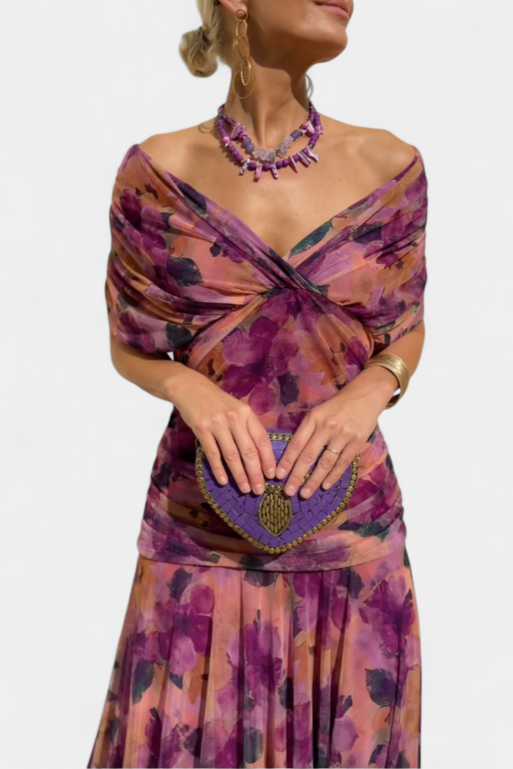 Off-the-Shoulder Ruched Chiffon Midi Dress