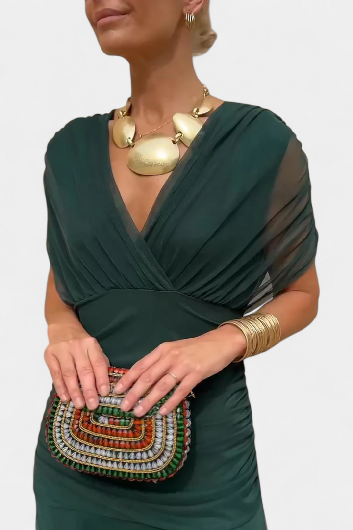 Off-the-Shoulder Ruched Chiffon Midi Dress