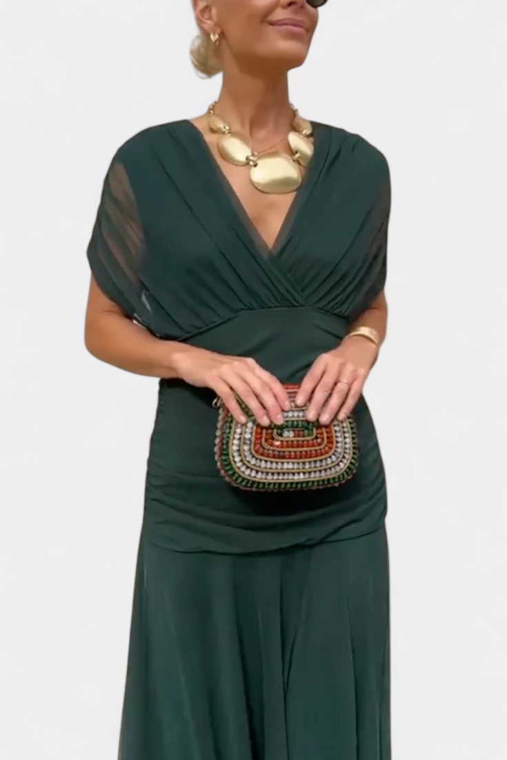 Off-the-Shoulder Ruched Chiffon Midi Dress