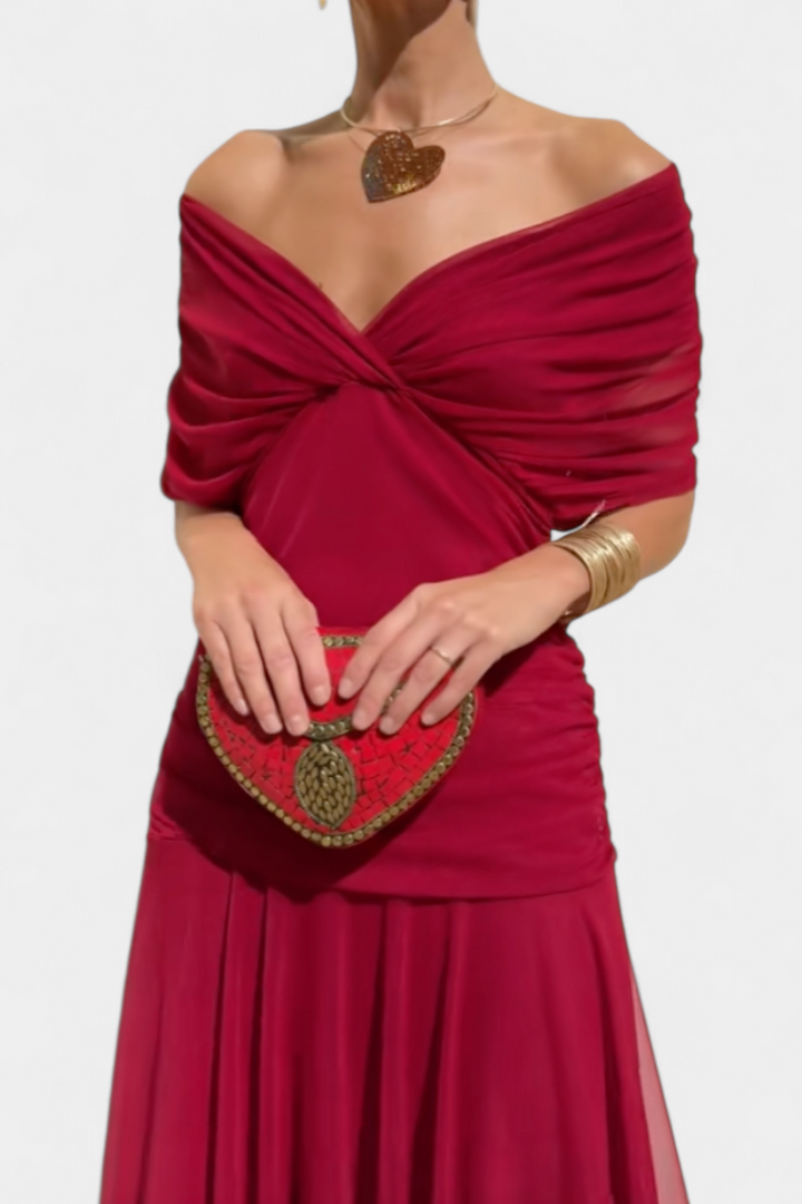 Off-the-Shoulder Ruched Chiffon Midi Dress