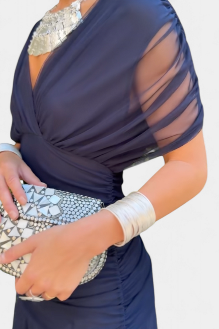 Off-the-Shoulder Ruched Chiffon Midi Dress