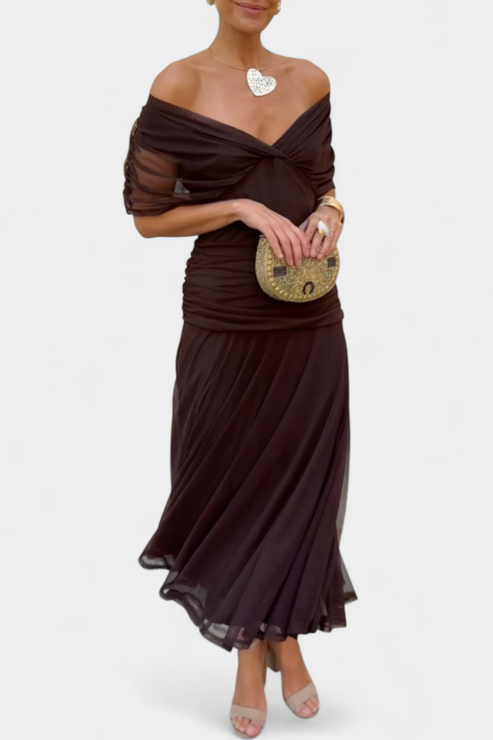 Off-the-Shoulder Ruched Chiffon Midi Dress
