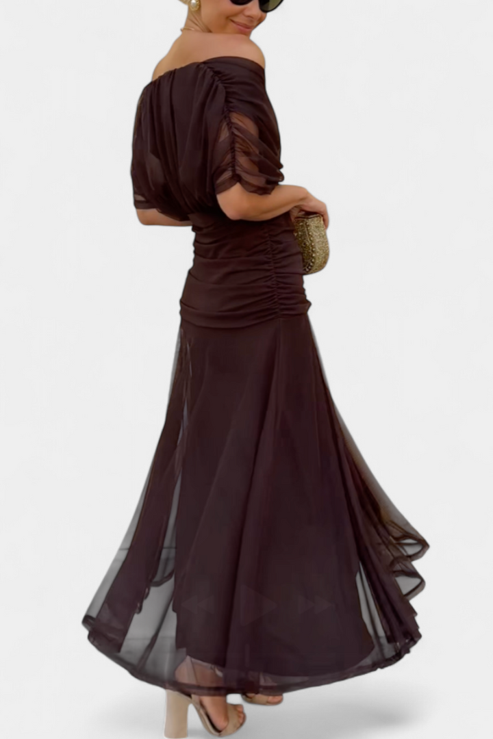 Off-the-Shoulder Ruched Chiffon Midi Dress