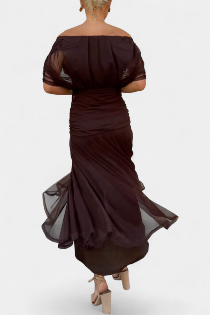 Off-the-Shoulder Ruched Chiffon Midi Dress