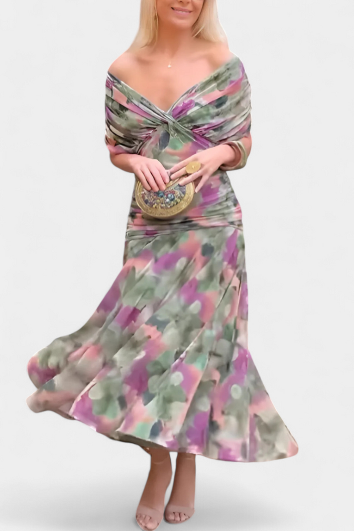 Off-the-Shoulder Ruched Chiffon Midi Dress