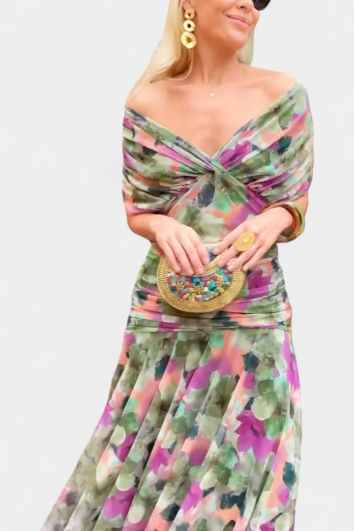 Off-the-Shoulder Ruched Chiffon Midi Dress