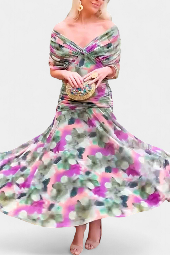 Off-the-Shoulder Ruched Chiffon Midi Dress