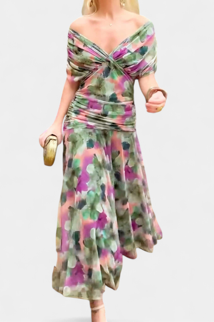 Off-the-Shoulder Ruched Chiffon Midi Dress