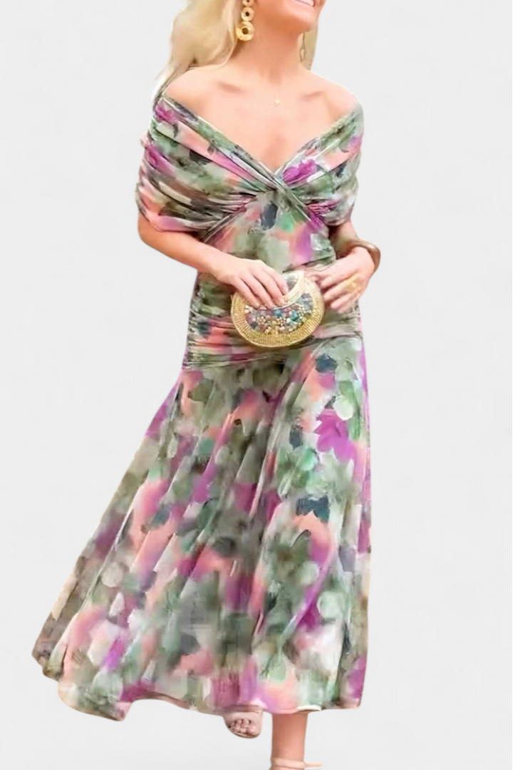 Off-the-Shoulder Ruched Chiffon Midi Dress