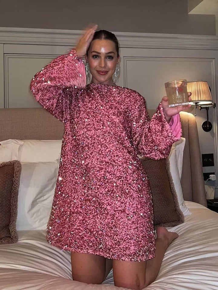 Textured Long-Sleeve Shift Mini Dress