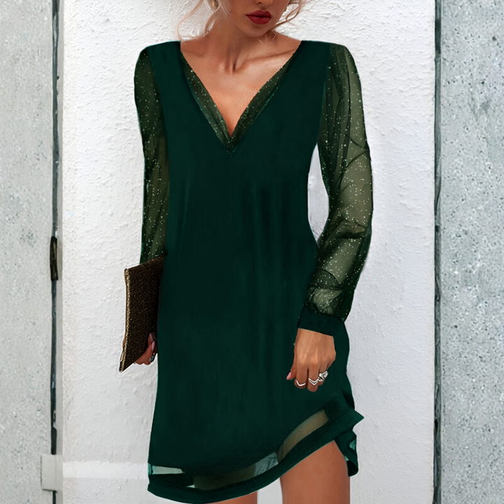V-Neck Sheer Sleeve Mini Dress