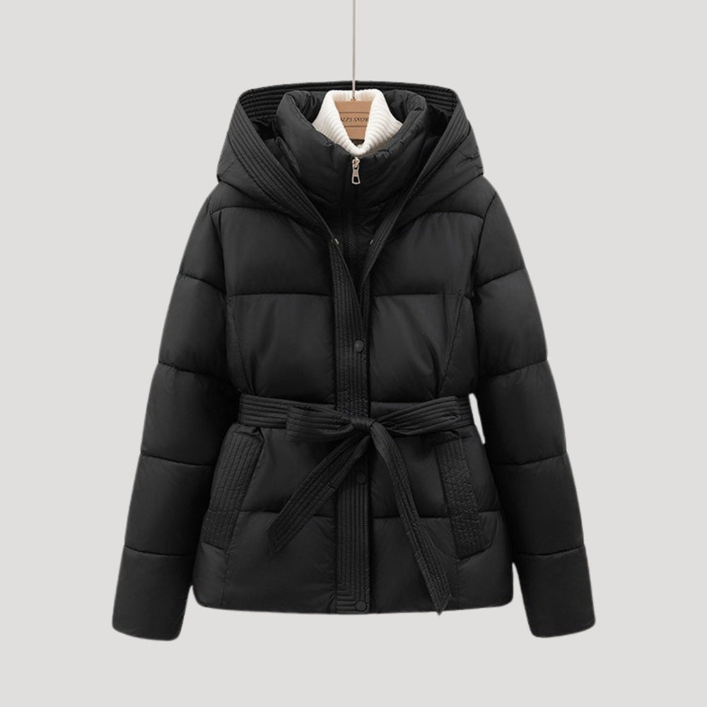 Women's belted hooded puffer jacket, close up of belt detail