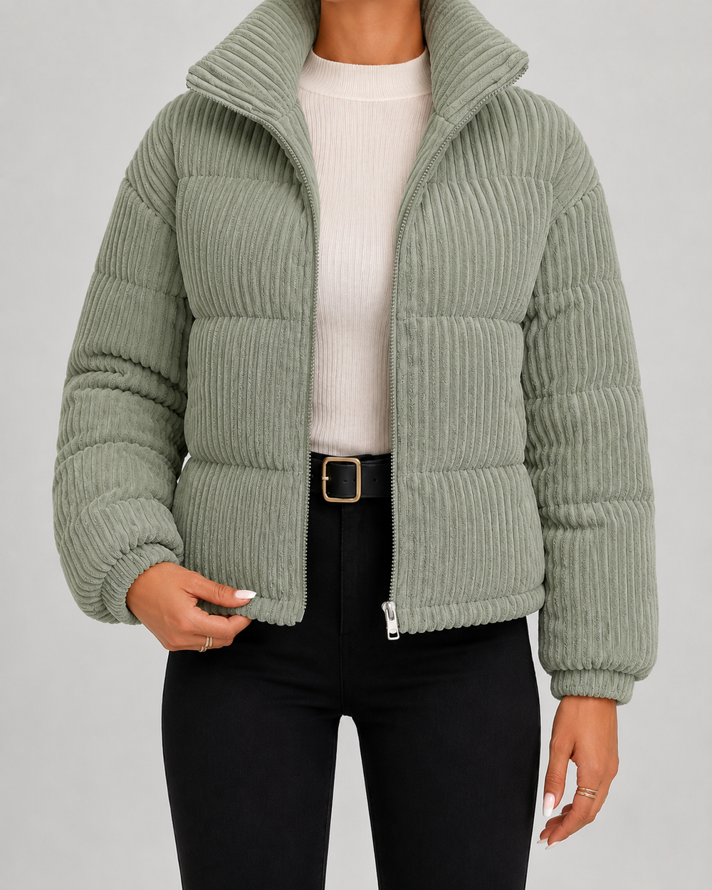 Women's corduroy winter puffer jacket, close up of corduroy panel