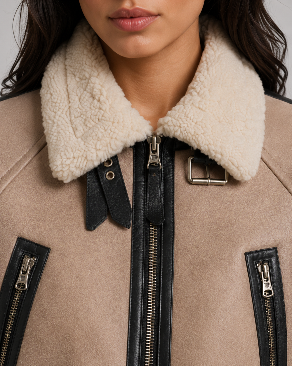 Women's cropped faux leather aviator jacket, close up of shearling collar