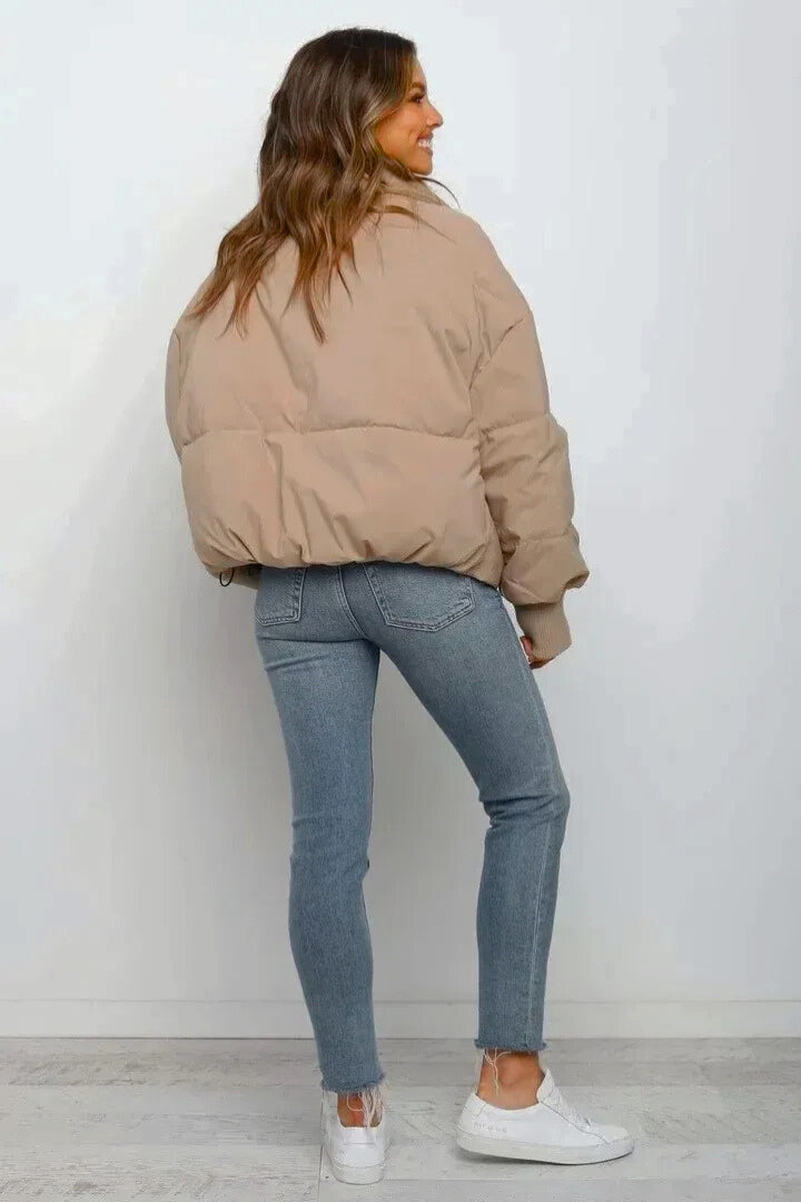 Women's cropped quilted puffer jacket, close up of quilted panels