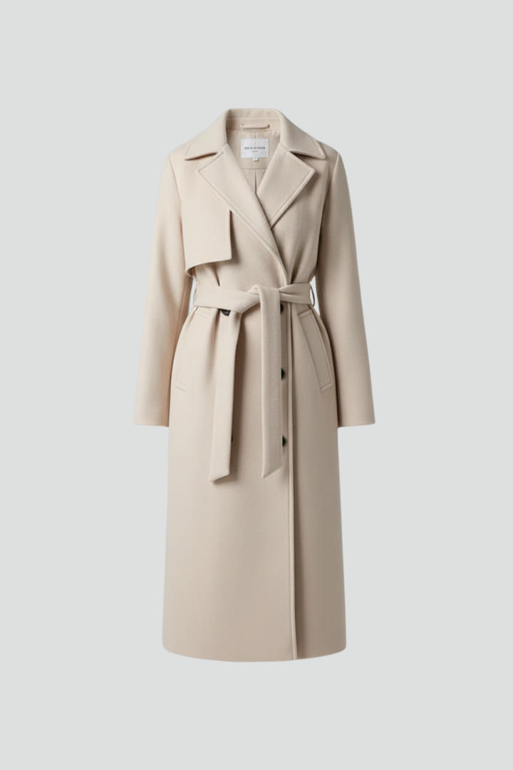 Women's double breasted long coat, close up of double-breasted buttons