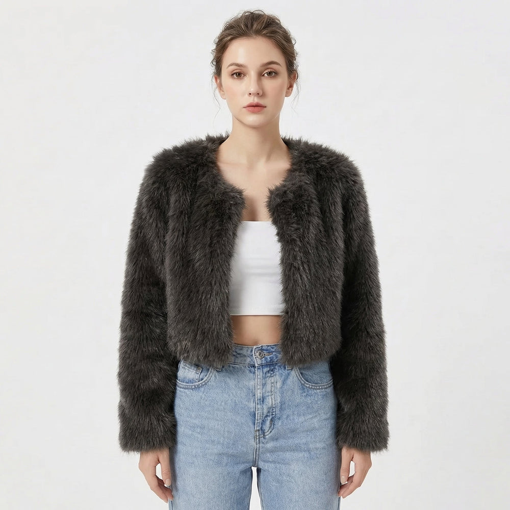 Women's faux fur jacket, close up of faux fur texture