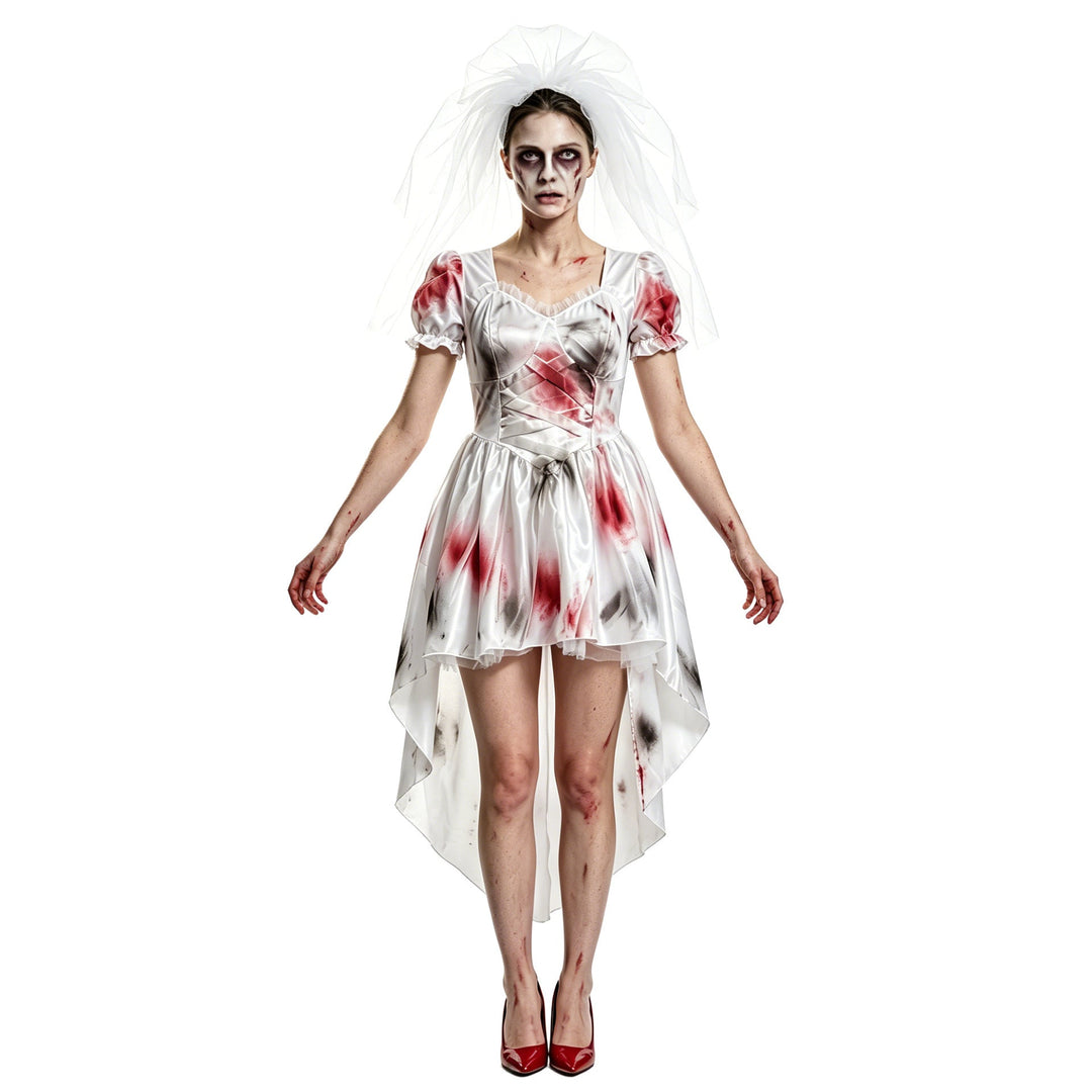 Women's ghost bride Halloween costume with headpiece, front view