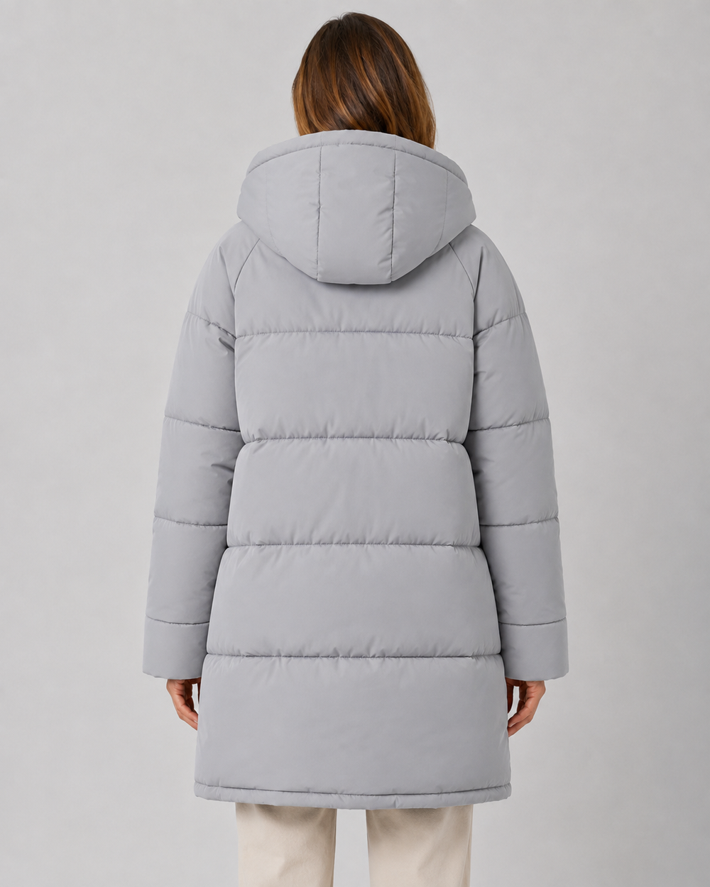 Women's hooded longline padded puffer coat, close up of hood