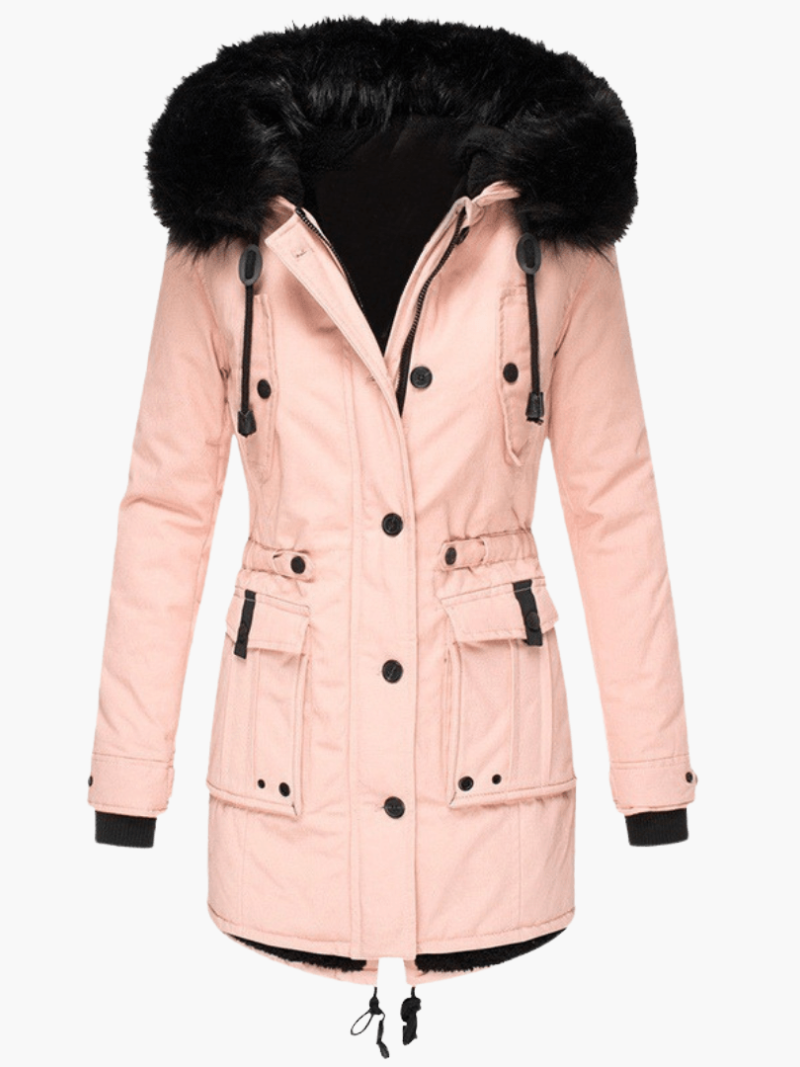 Women's hooded parka with front pockets, close up of front pocket detail