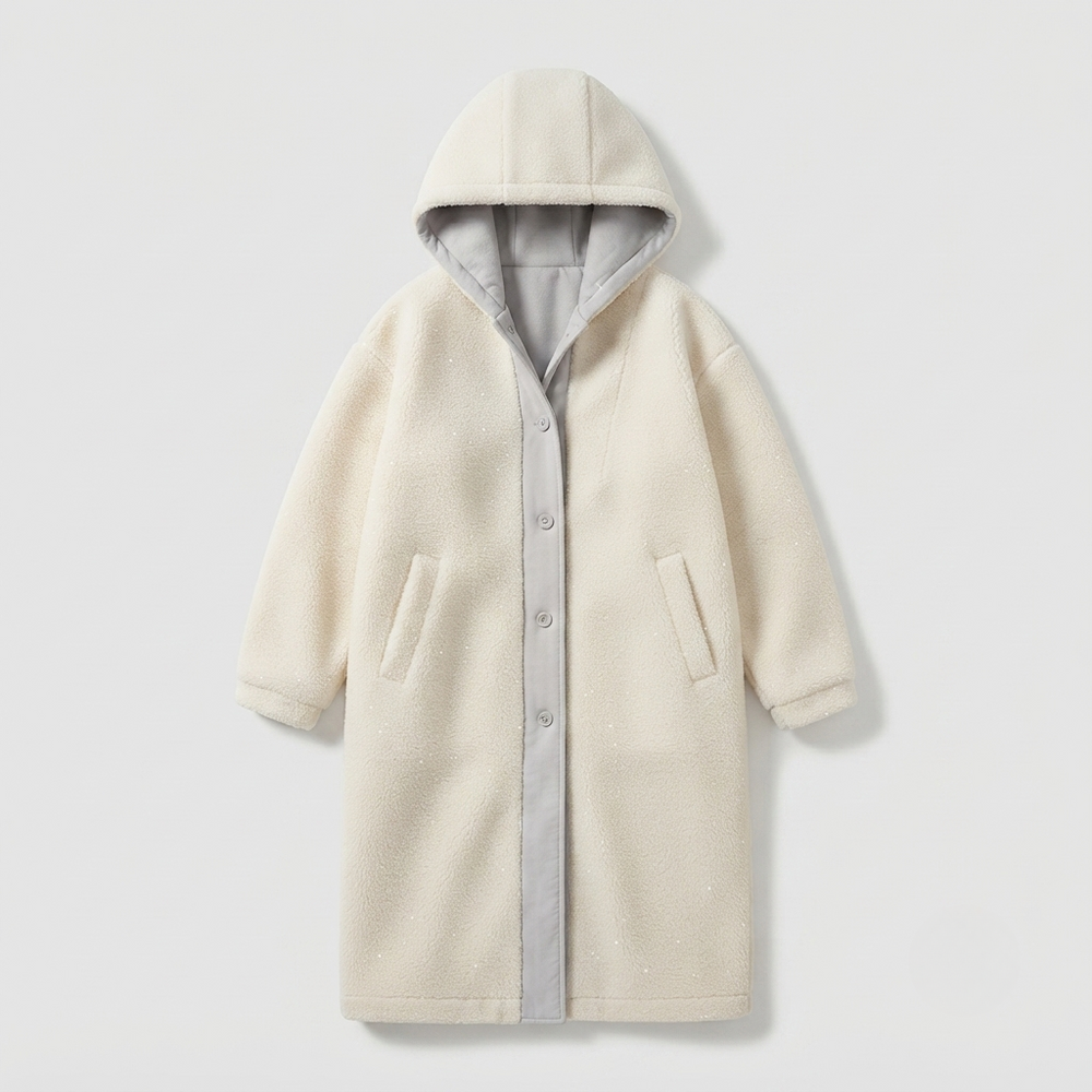 Women's hooded teddy overcoat, close up of teddy texture